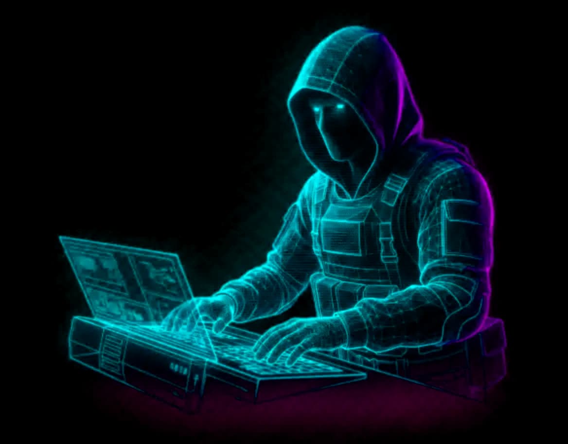 A hooded operative at a console, drawn as a glowing wireframe